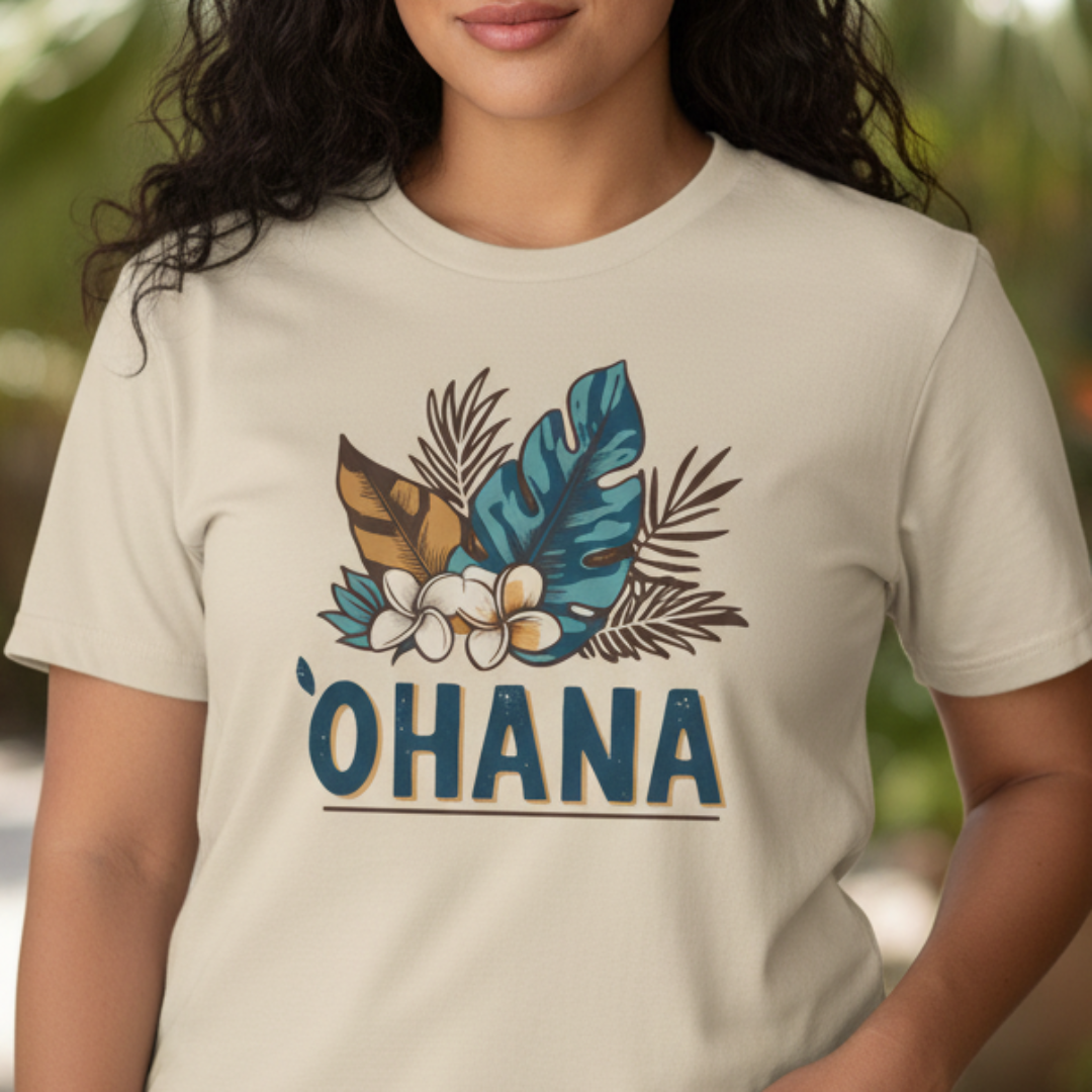 Woman wearing a beige t-shirt with 'OHANA' and tropical designs outdoors.
