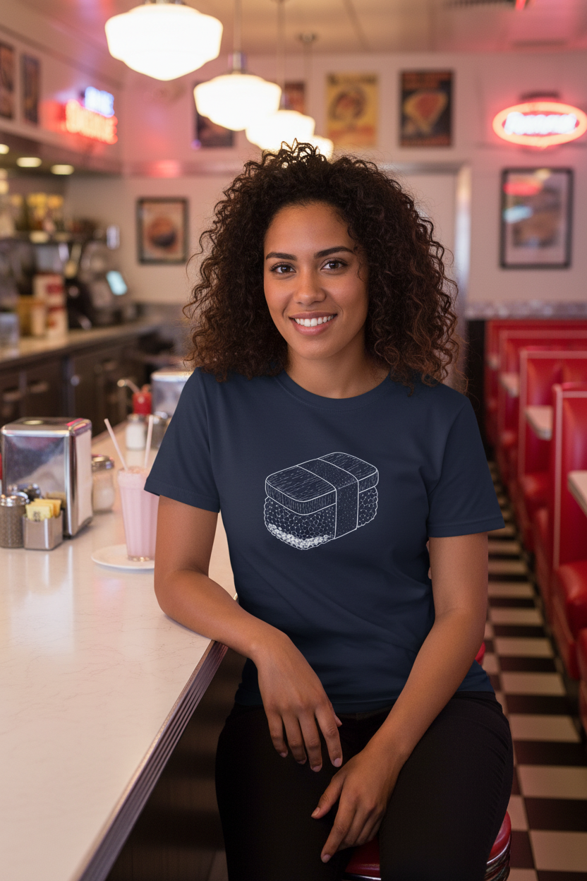 Woman wearing a navy blue t-shirt with a graphic design in a diner setting