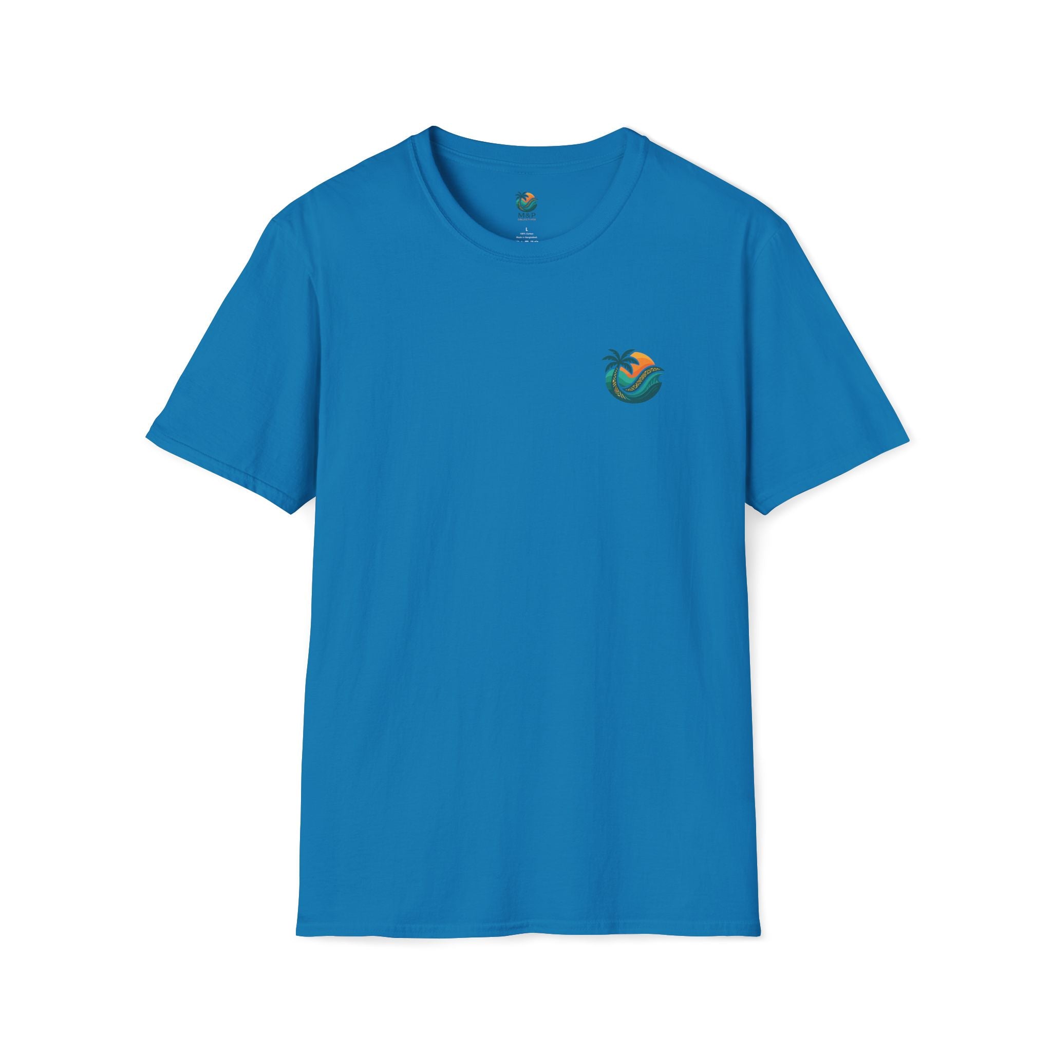 Blue t-shirt with a small logo on a white background