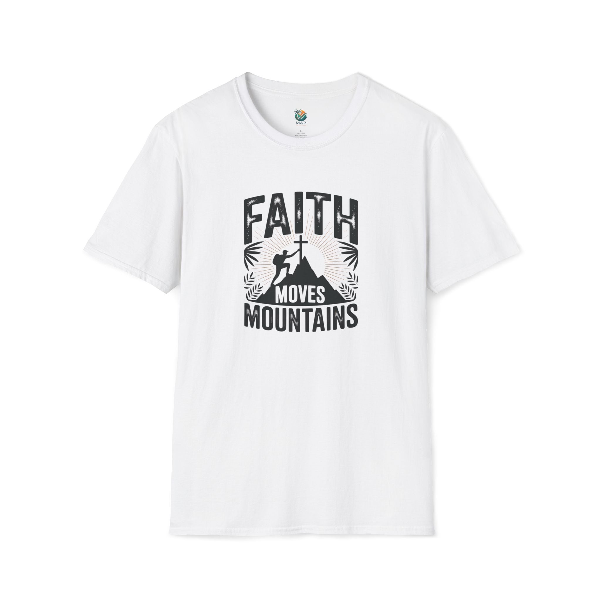 White t-shirt with 'Faith Moves Mountains' graphic design on a white background