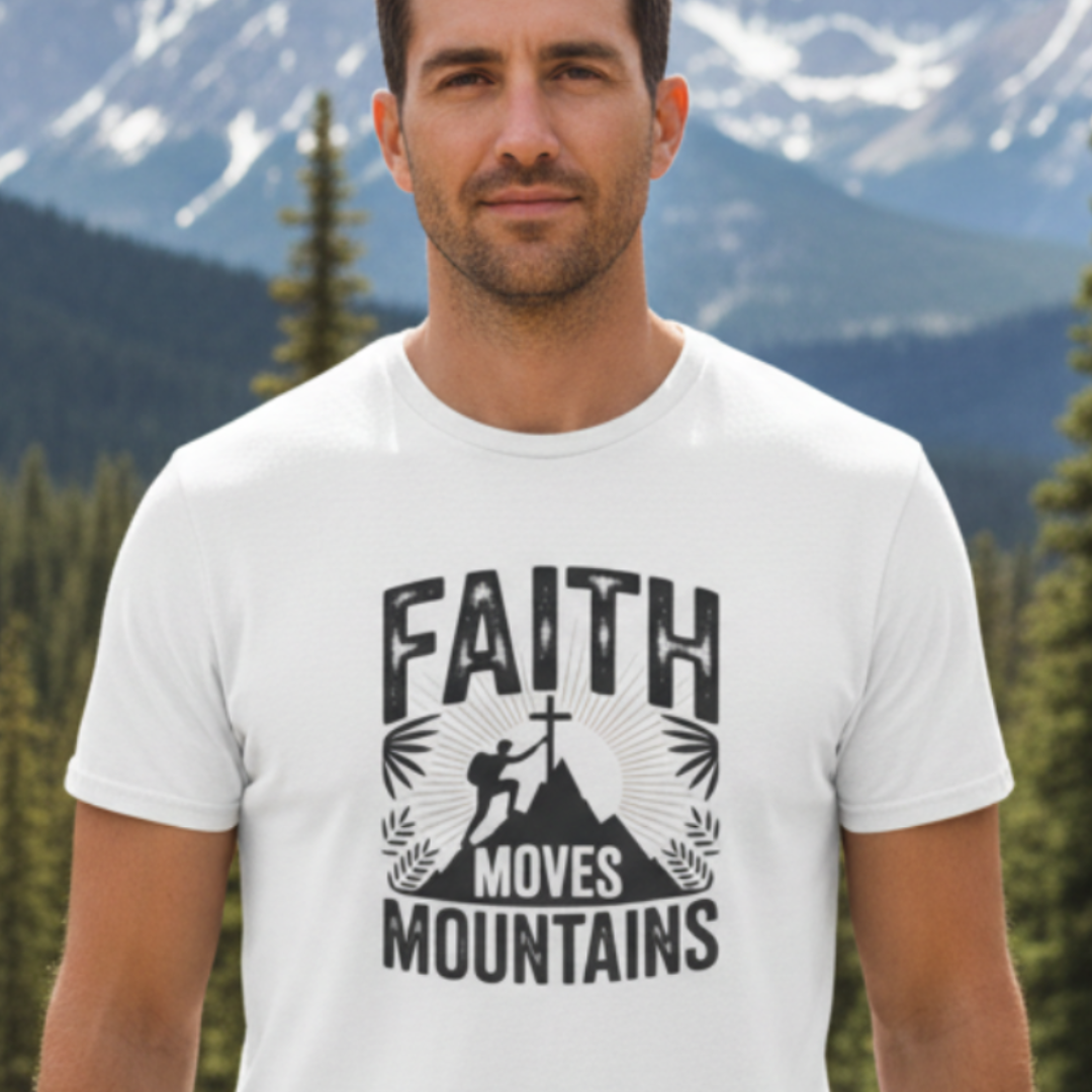 Man wearing a t-shirt with 'Faith Moves Mountains' design in a mountainous landscape.