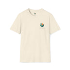 Beige t-shirt with a logo on a white background