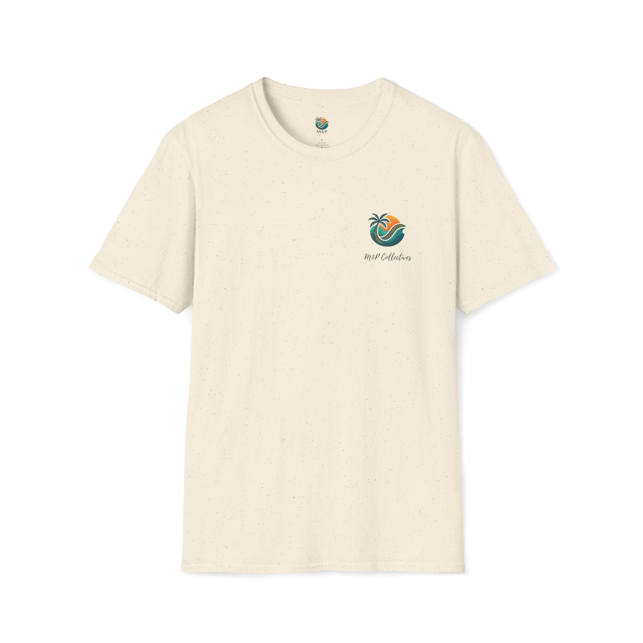 Beige t-shirt with a logo on a white background