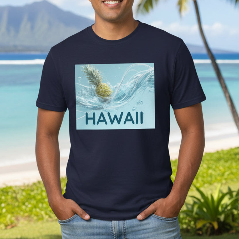 Navy blue t-shirt with 'Hawaii' graphic on a white background