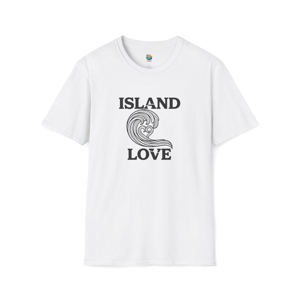White t-shirt with 'Island Love' graphic design on a white background