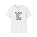 White t-shirt with 'Island Love' graphic design on a white background