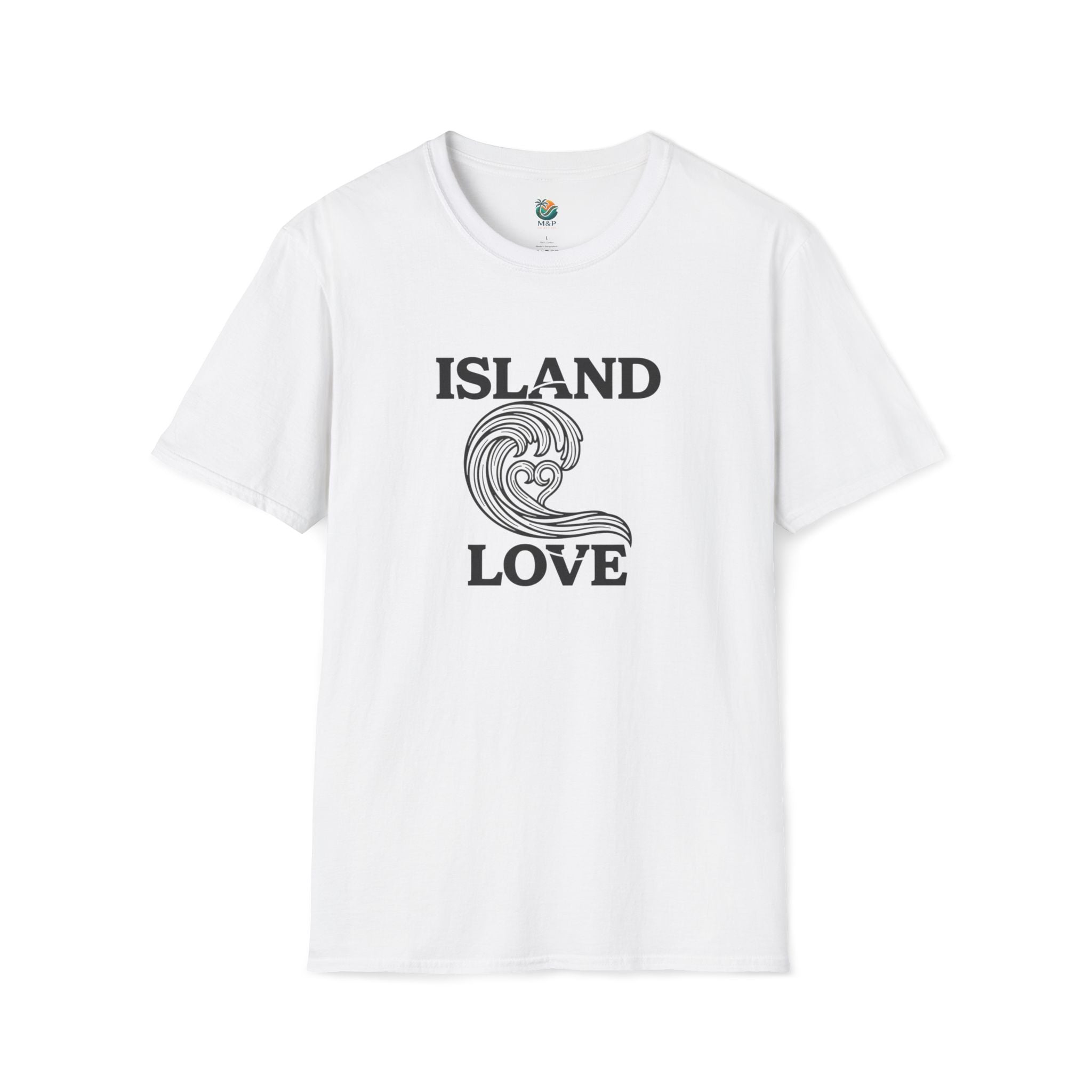 White t-shirt with 'Island Love' graphic design on a white background