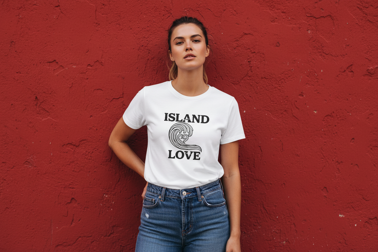 Woman wearing a white t-shirt with 'Island Love' design against a red wall