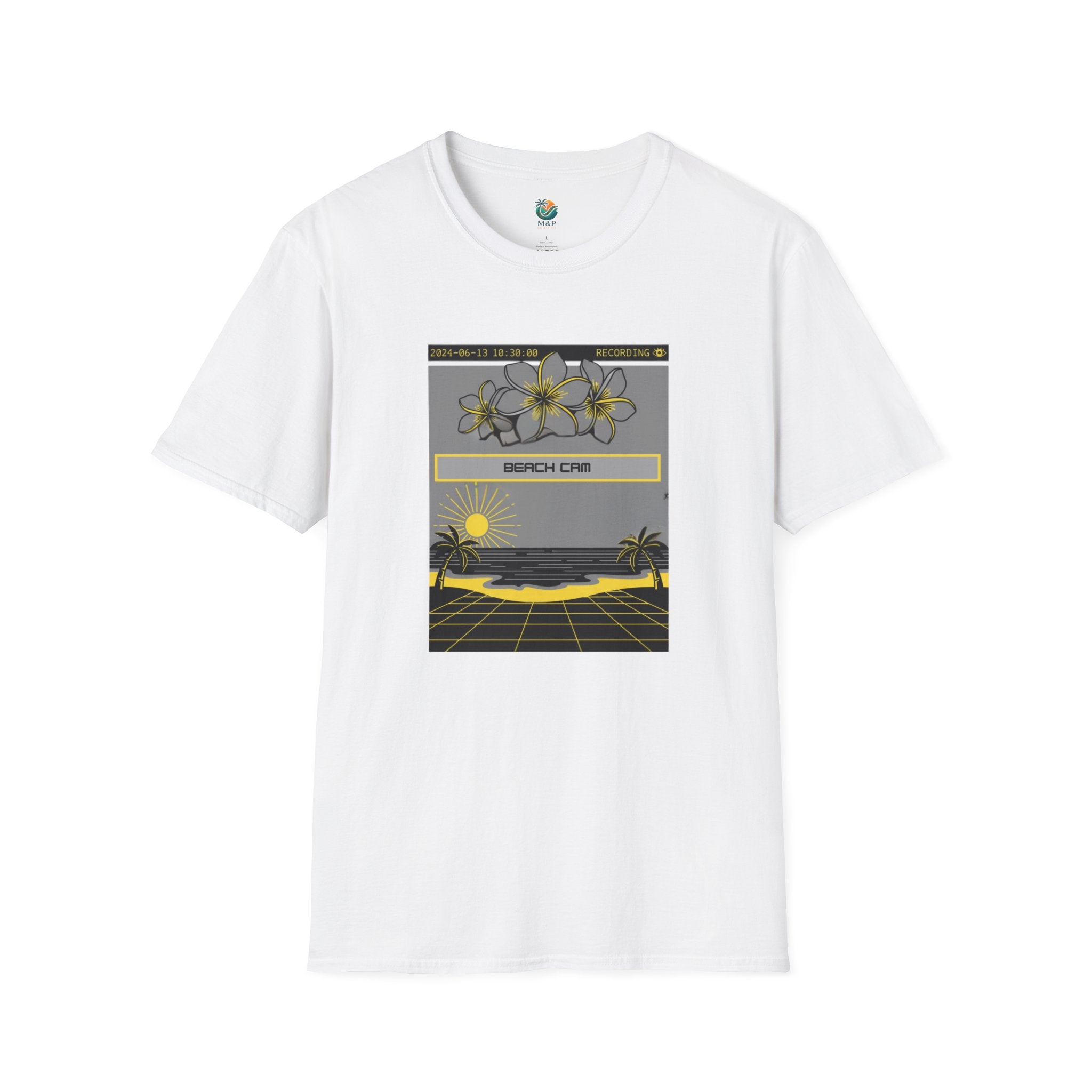 White t-shirt with a graphic design of a beach scene on a white background