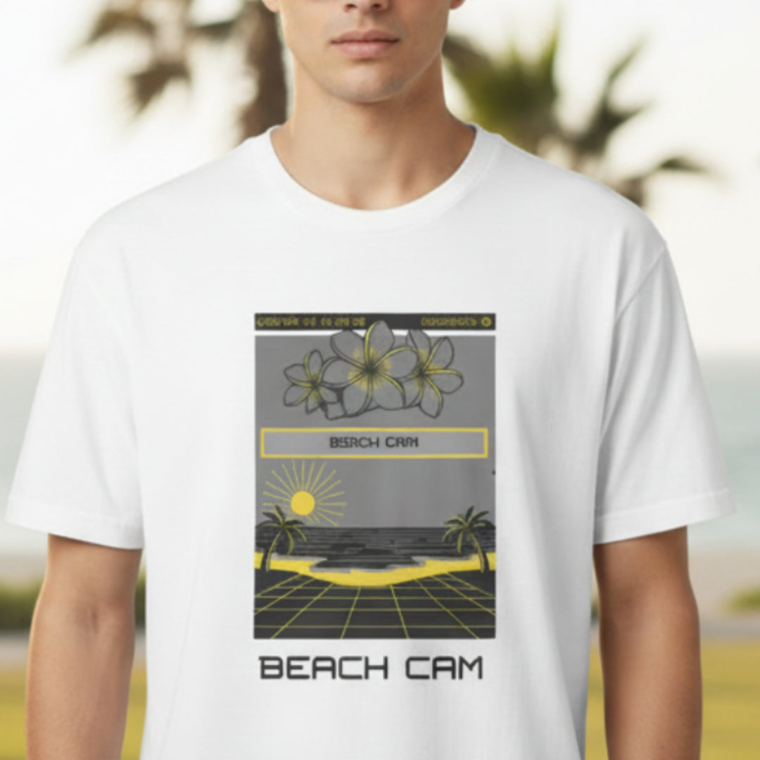 Person wearing a white t-shirt with a 'Beach Cam' graphic design.