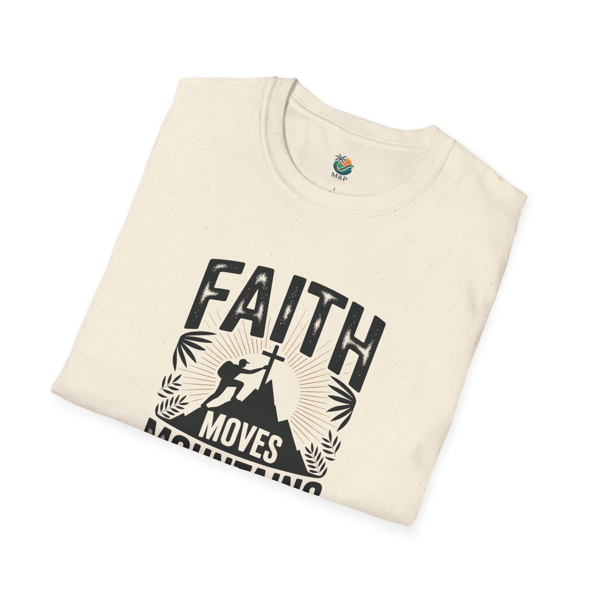 Folded t-shirt with 'Faith Moves Mountains' design on a white background