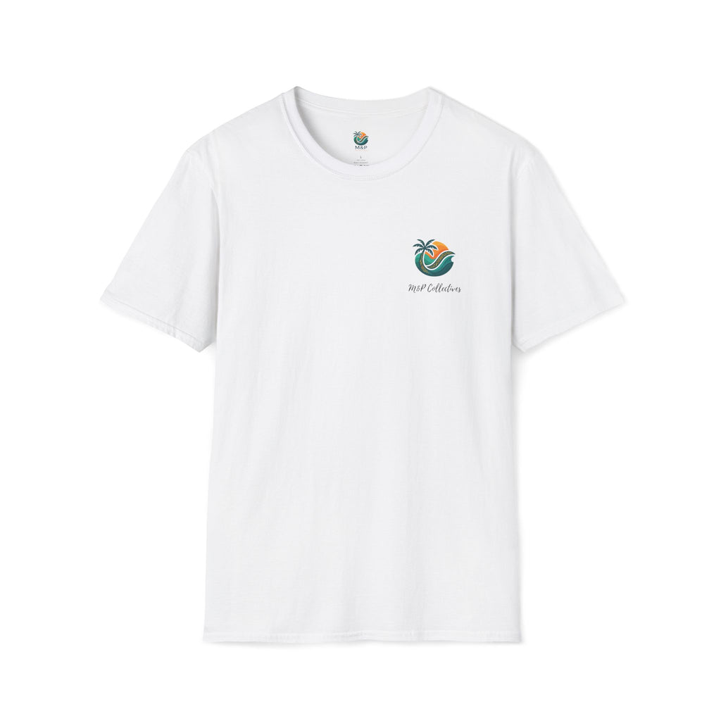 White t-shirt with a logo on the chest against a white background