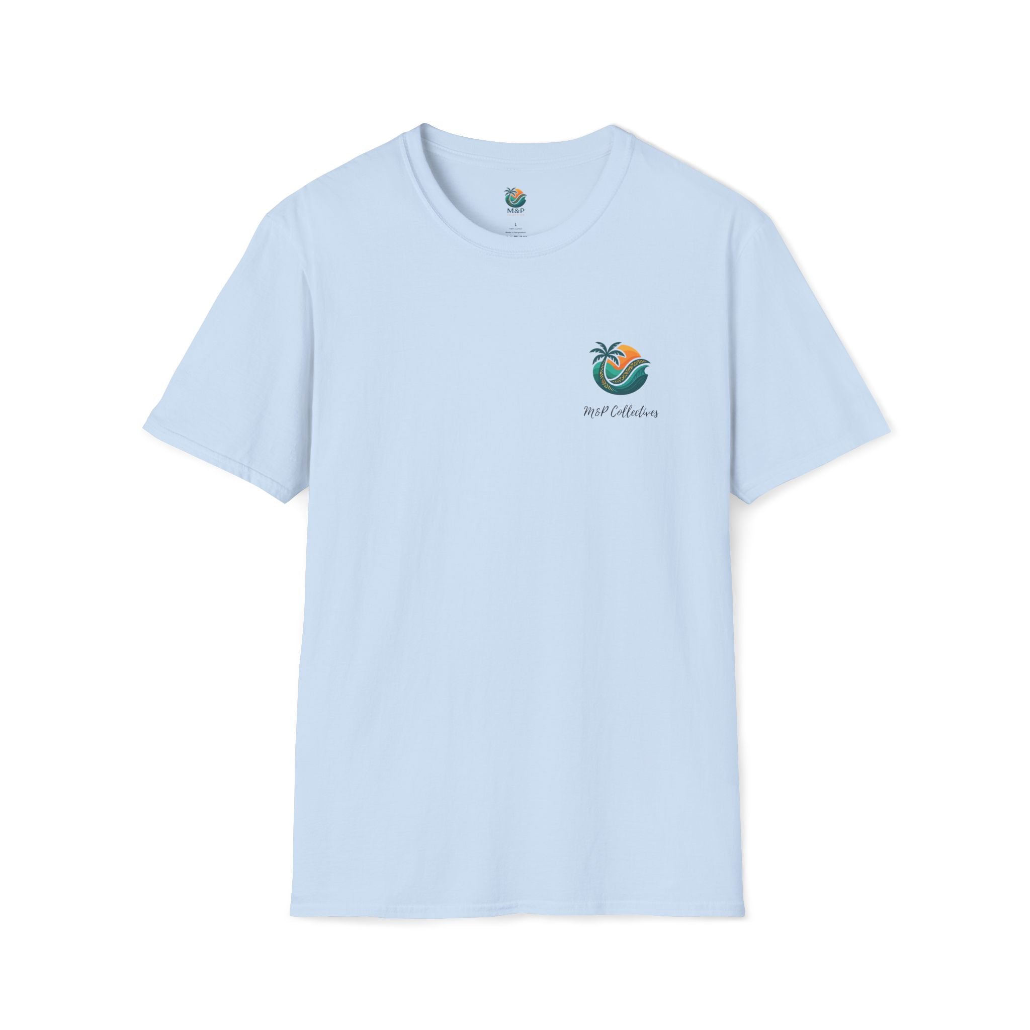 Light blue t-shirt with a logo on a white background