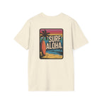 Beige t-shirt with 'Surf Aloha' graphic design on a white background