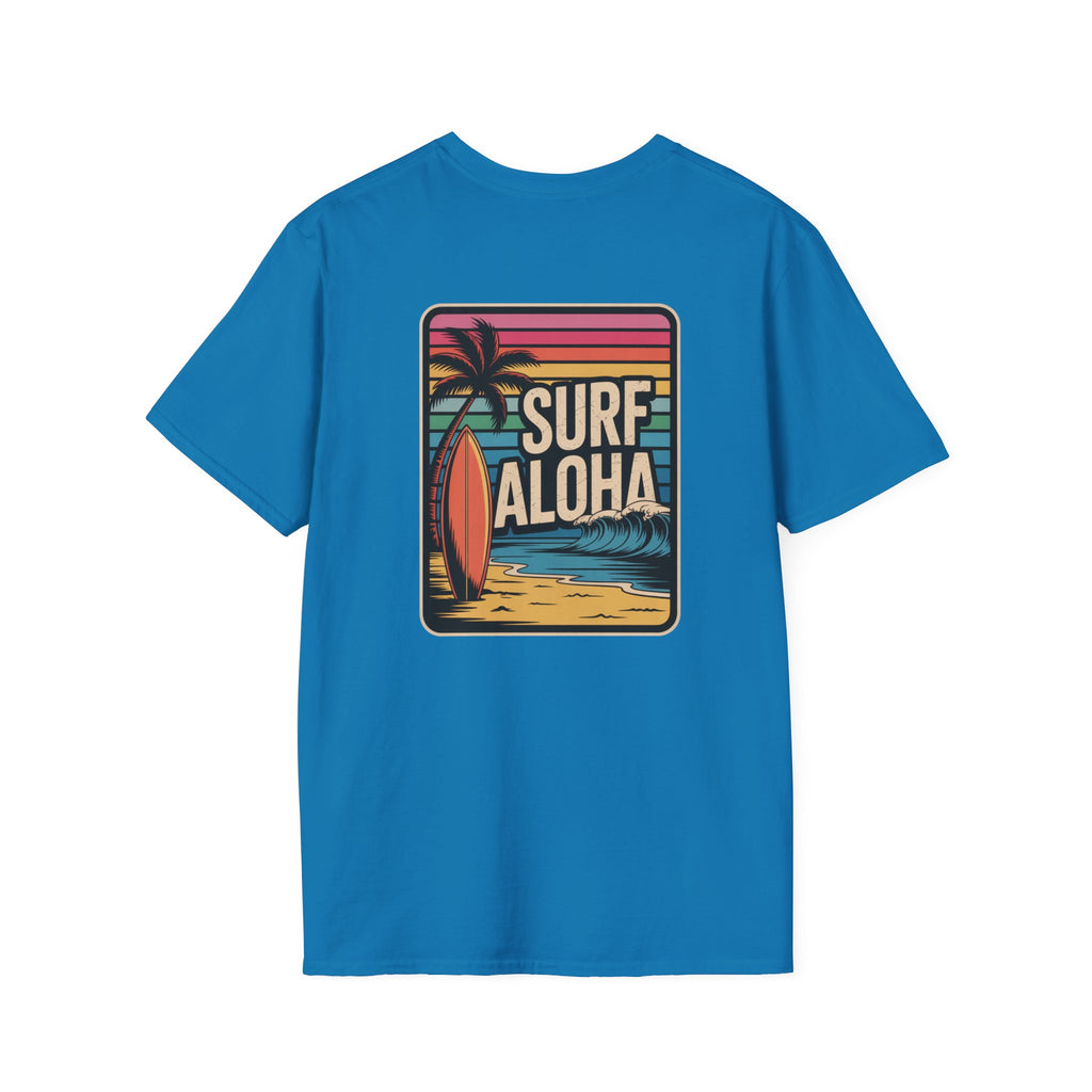 Blue t-shirt with 'Surf Aloha' graphic on a white background