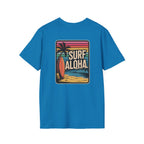 Blue t-shirt with 'Surf Aloha' graphic on a white background