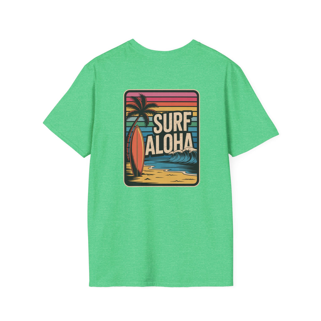 Green t-shirt with 'Surf Aloha' graphic on a white background