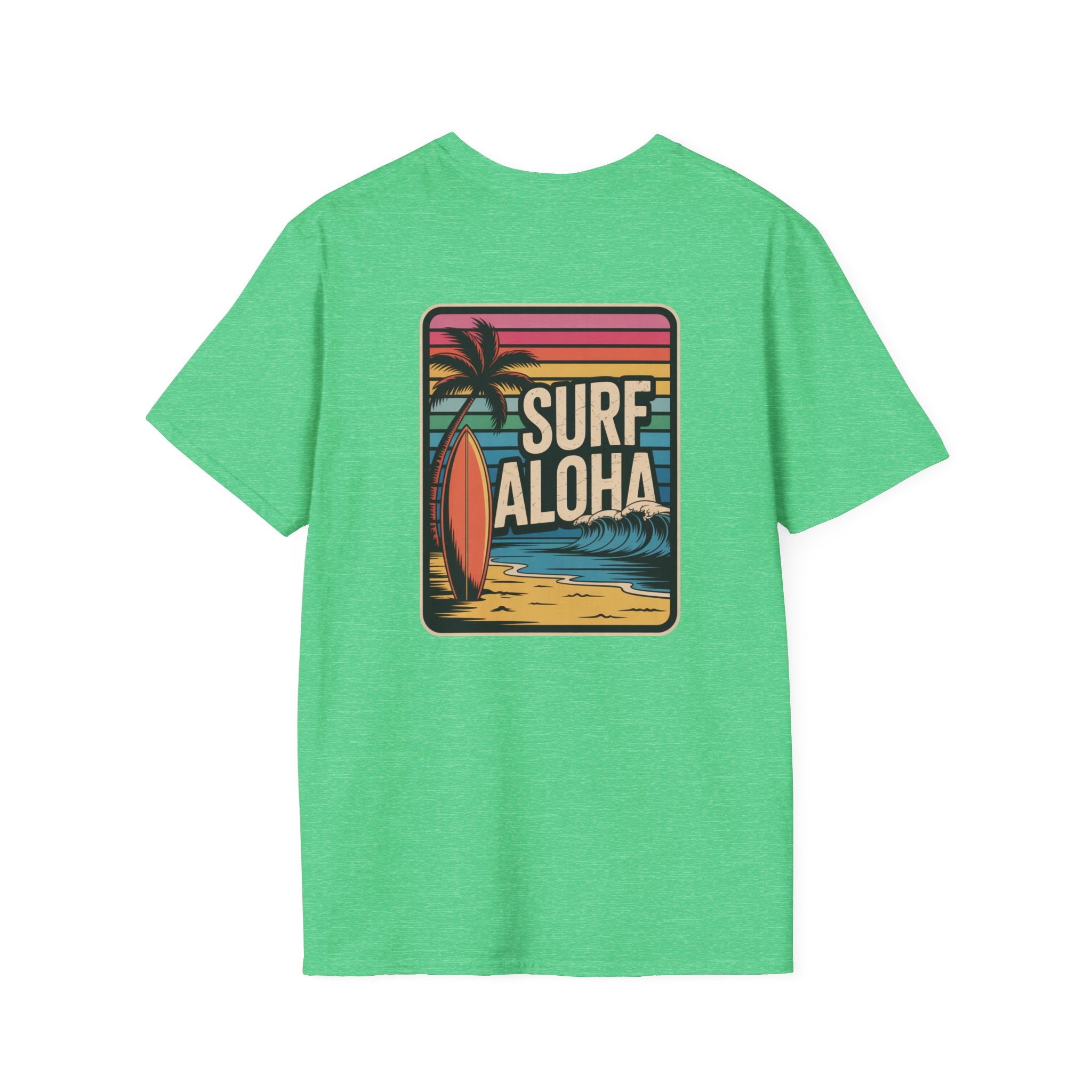 Green t-shirt with 'Surf Aloha' graphic on a white background