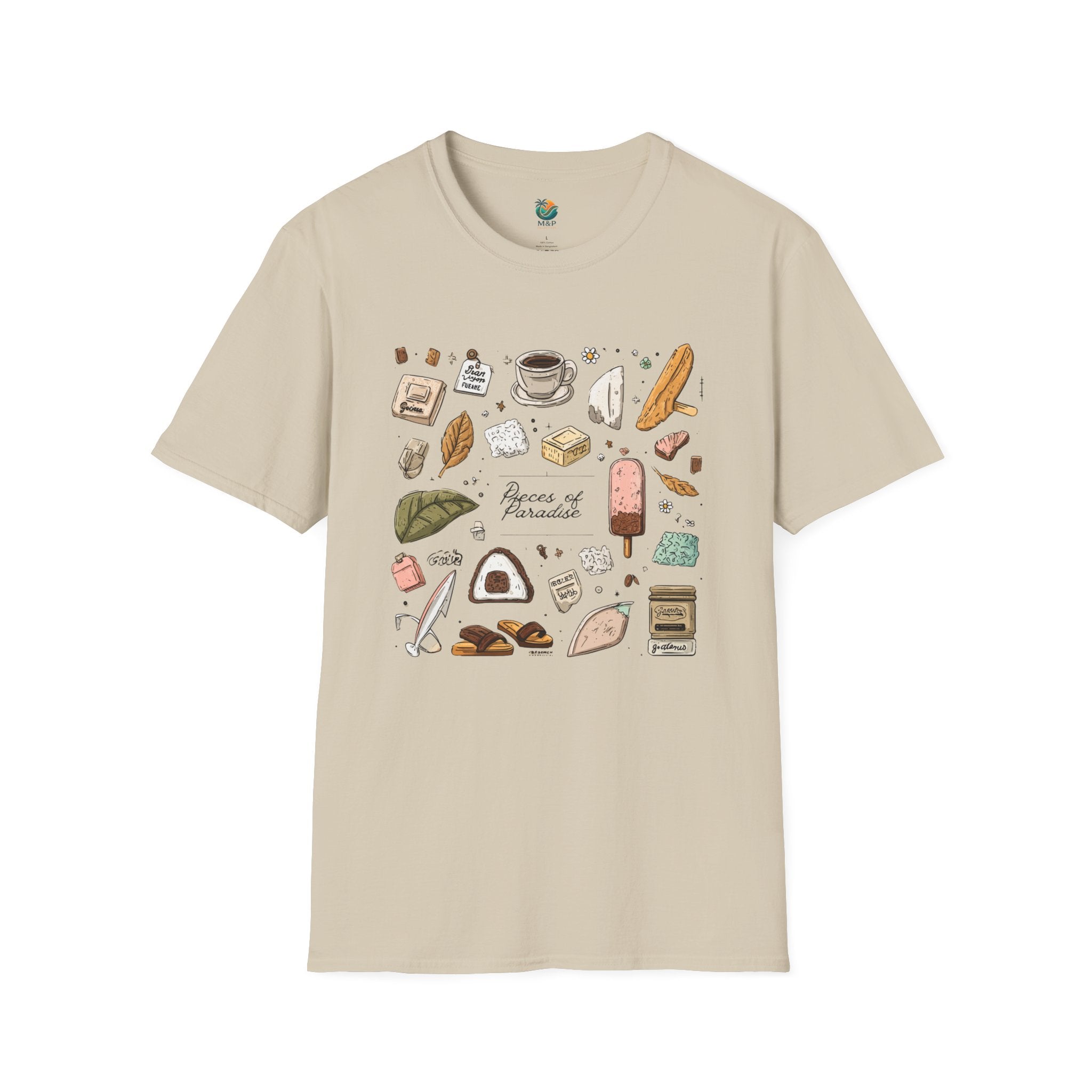 Beige t-shirt with colorful illustrations on a white background