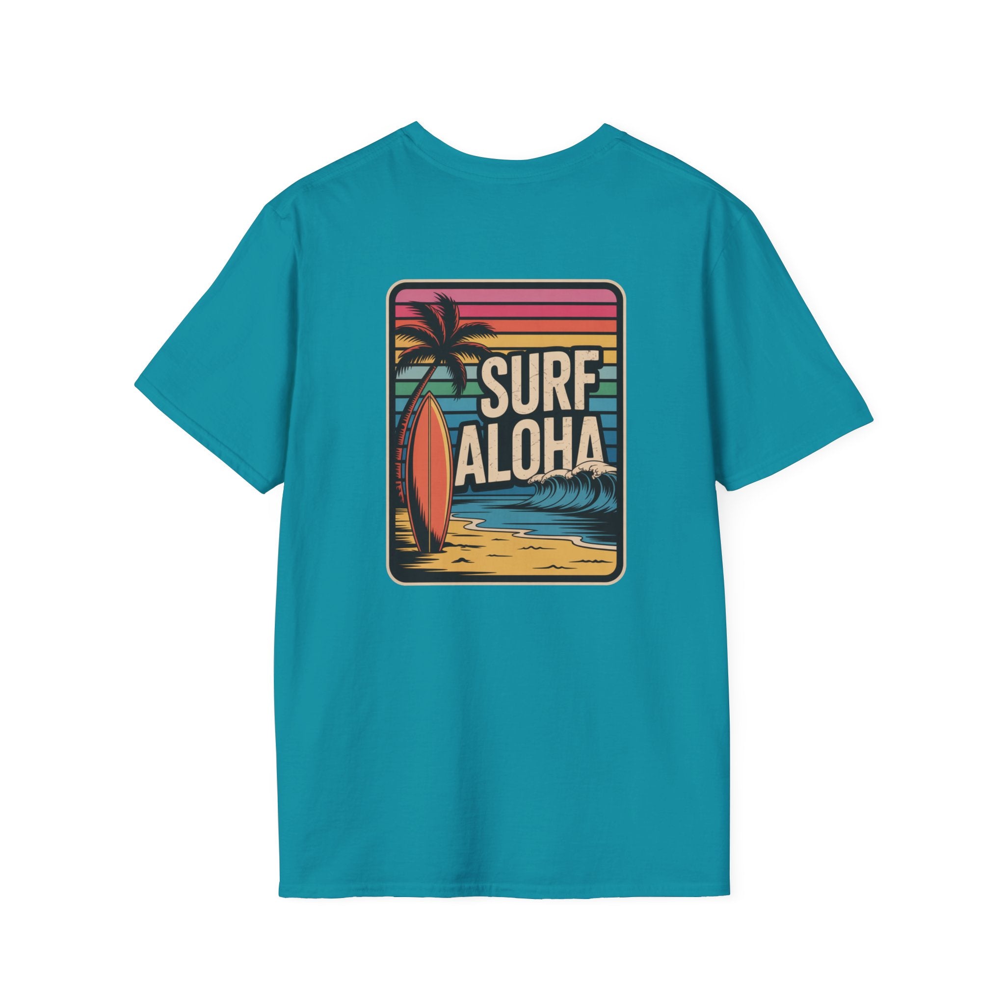 Teal t-shirt with 'Surf Aloha' graphic on a white background