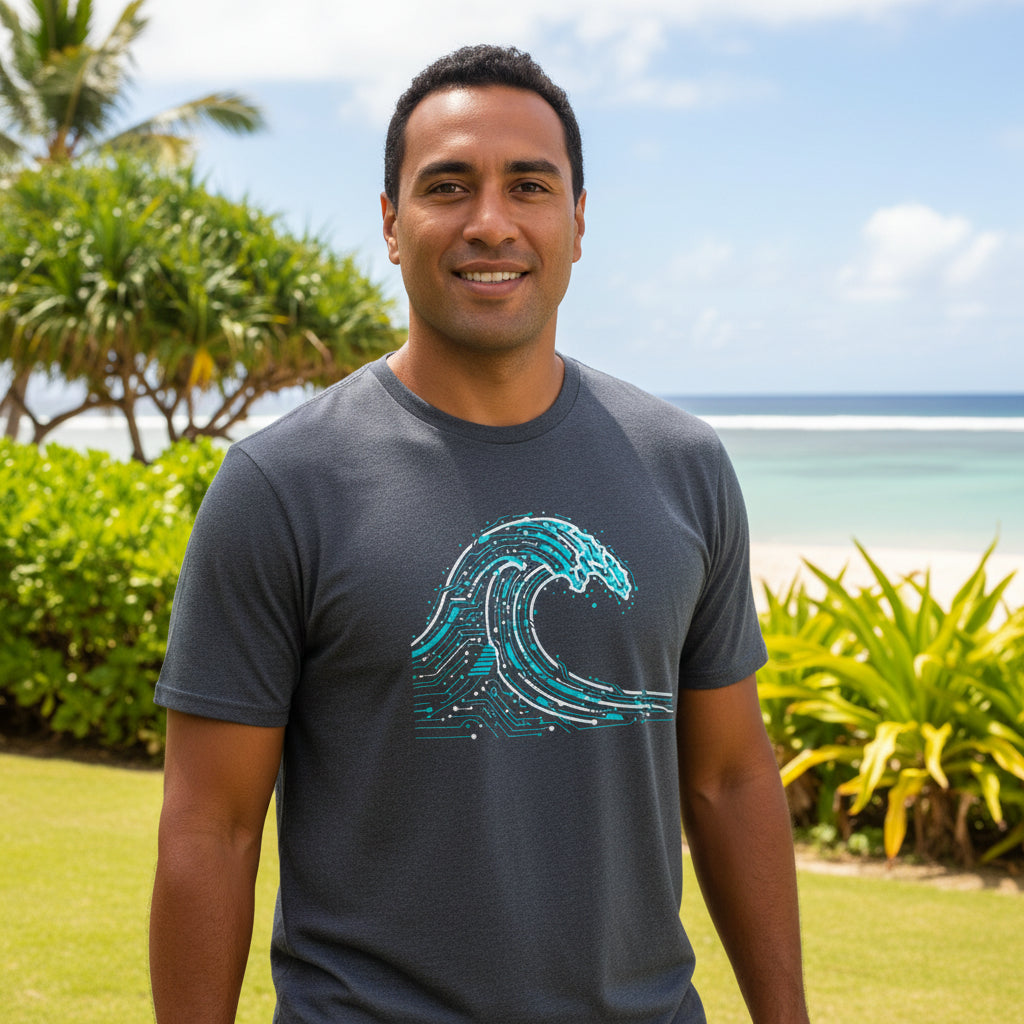 Gray t-shirt with a blue wave design on a white background