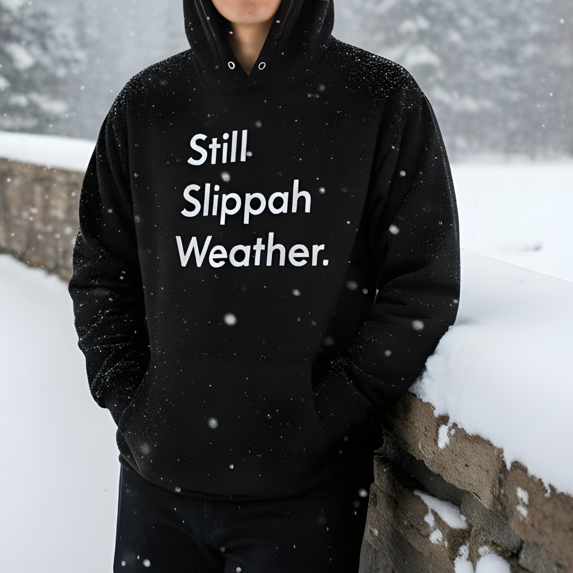 Person wearing a black hoodie with 'Still Slippah Weather.' text in the snow.