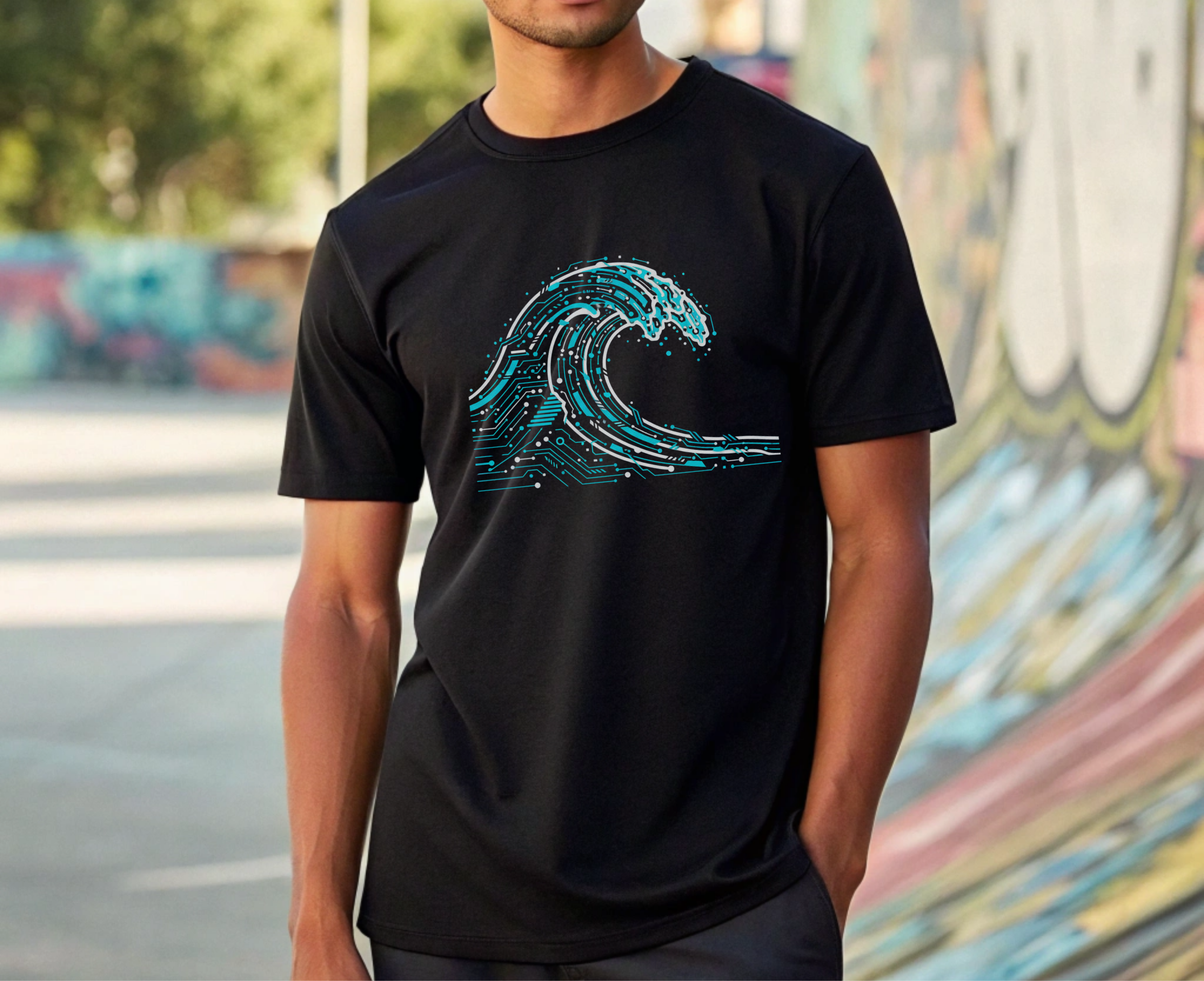Person wearing a black t-shirt with a blue wave design in an urban setting